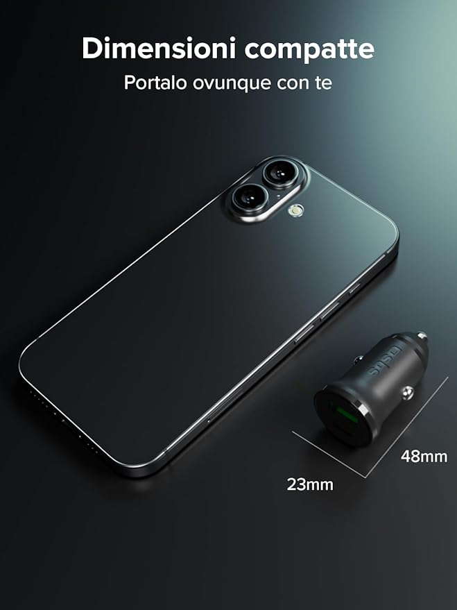 SBS Caricatore Auto 25W, USB-C Power Delivery + USB-A AFC 18W, Ricarica Rapida, Presa Accendisigari 12V