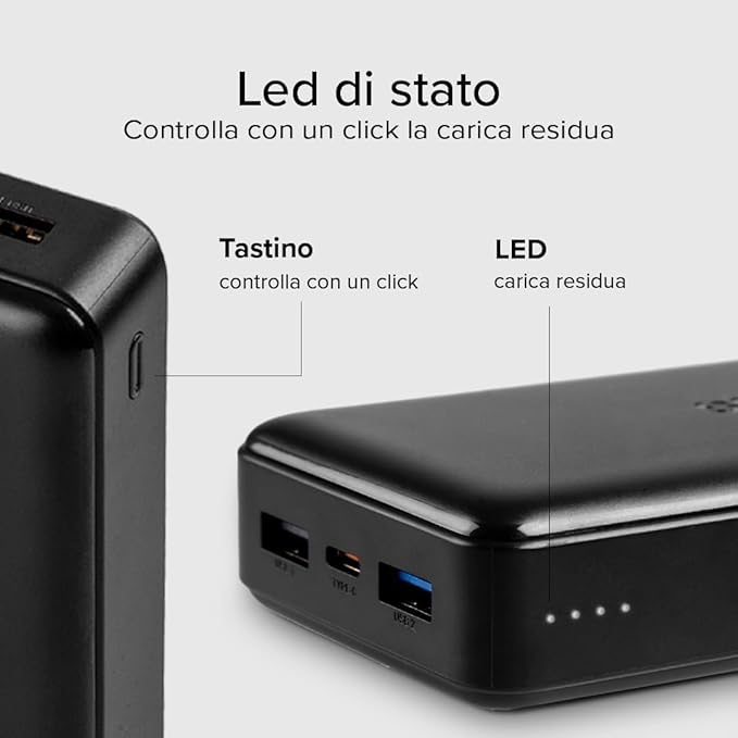 SBS PowerBank 20K 20.000mAh – Caricatore Portatile Intelligente con USB-C LED e Tecnologia Intelligent Charge | Design Compatto Nero (Copia)