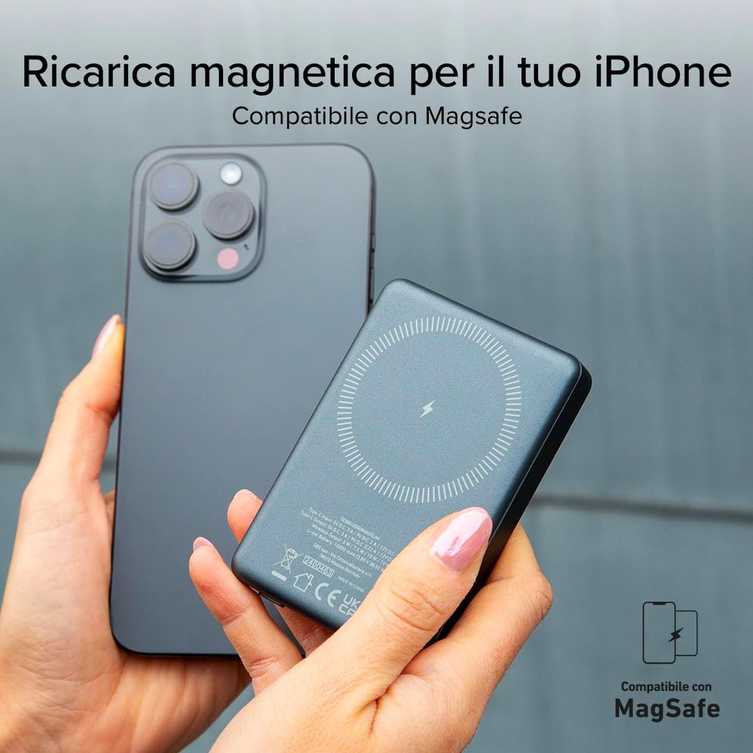 SBS PowerBank 10K MagSafe, USB-C 20W PD + Wireless 15W, Ricarica Rapida, Magnetico