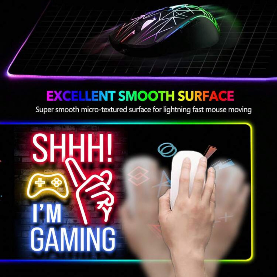 Mousepad da Gaming con Stampa “Shhh! I’m Gaming” e Luci RGB