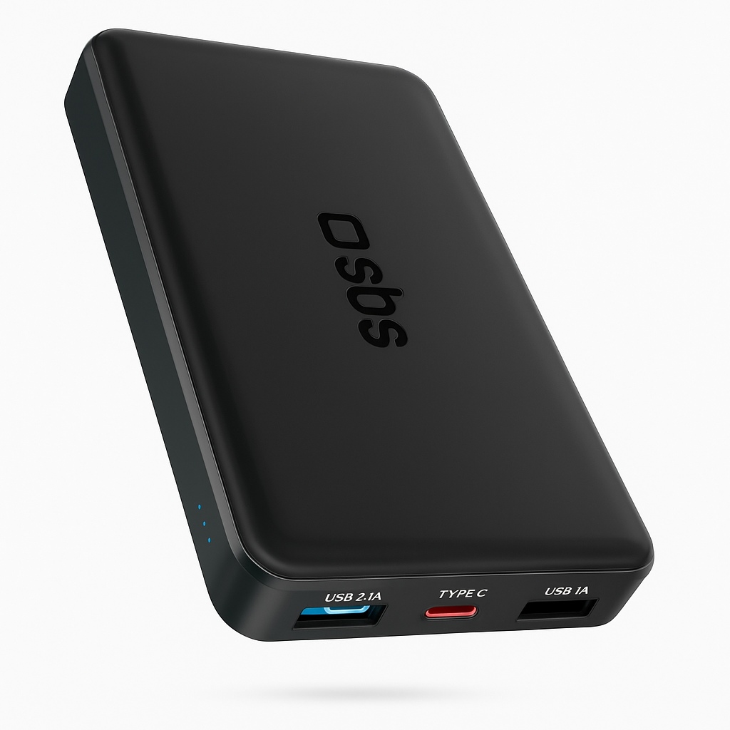 SBS PowerBank 10K Slim 10.000mAh – Caricatore Portatile Intelligente con USB-C, 2 USB-A, LED e Tecnologia Intelligent Charge | Design Compatto Nero