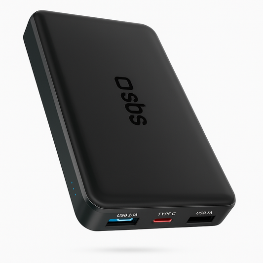 SBS PowerBank 10K Slim 10.000mAh – Caricatore Portatile Intelligente con USB-C, 2 USB-A, LED e Tecnologia Intelligent Charge | Design Compatto Nero