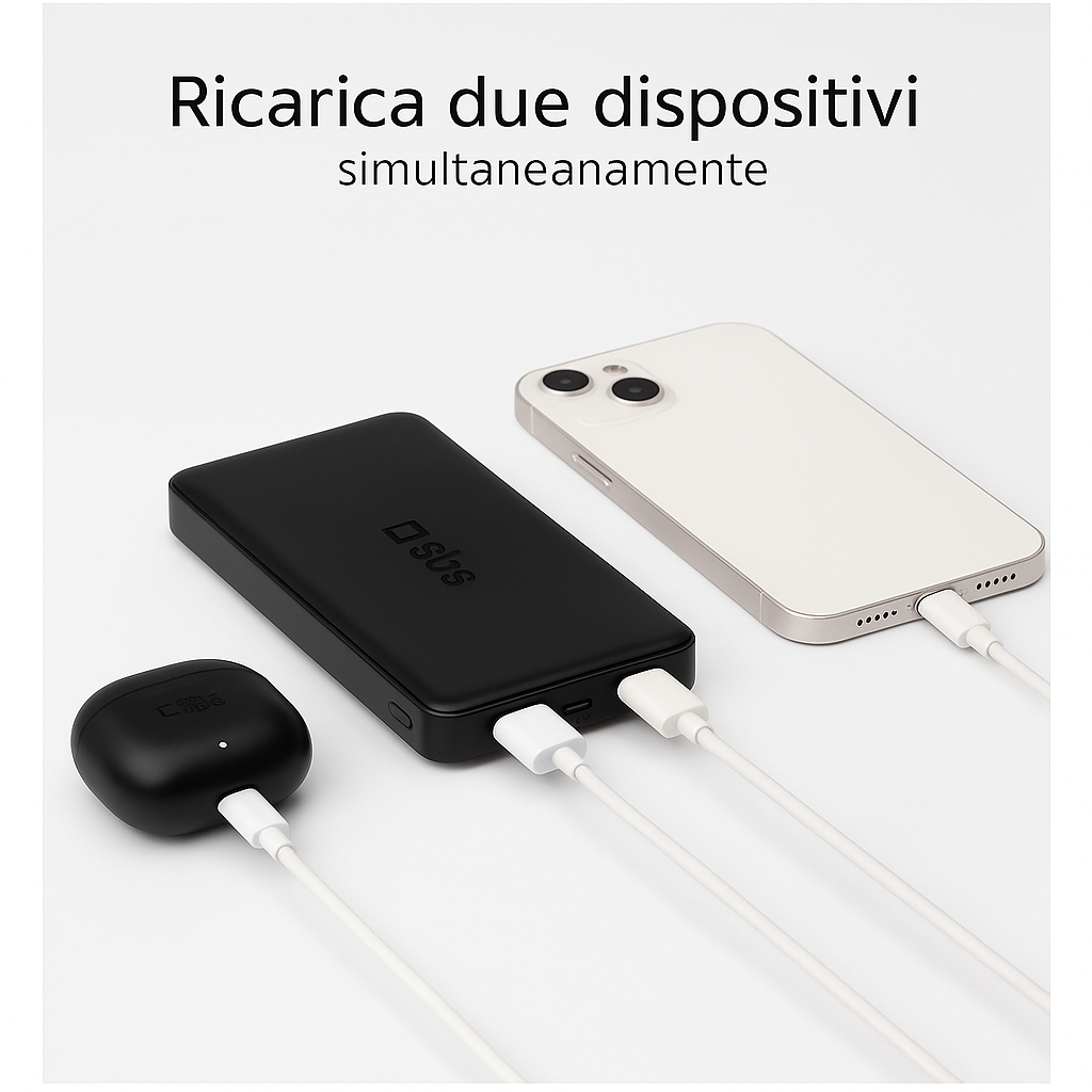 SBS PowerBank 10K Slim 10.000mAh – Caricatore Portatile Intelligente con USB-C, 2 USB-A, LED e Tecnologia Intelligent Charge | Design Compatto Nero