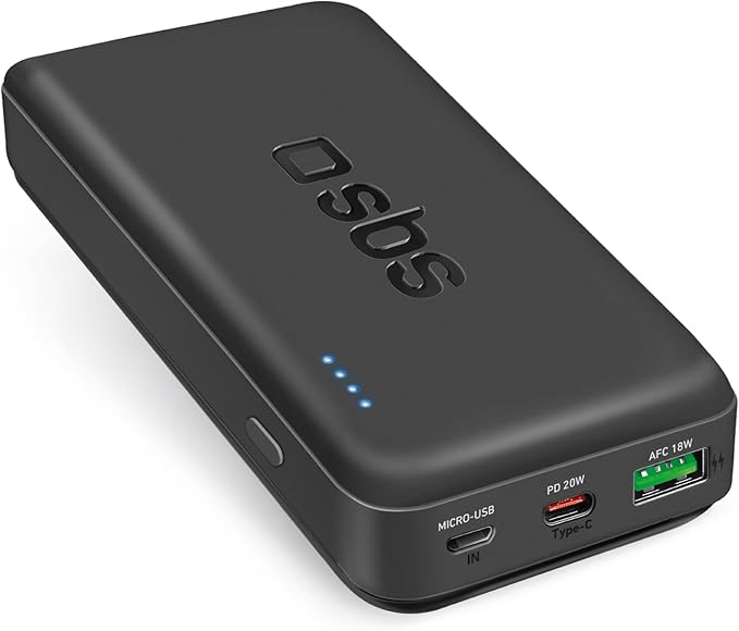 SBS PowerBank 10K Slim 10.000mAh – Caricatore Portatile Intelligente con USB-C, 2 USB-A, LED e Tecnologia Intelligent Charge | Design Compatto Nero