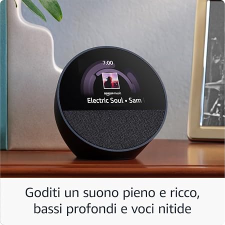 Amazon Echo Spot (modello 2024) – Sveglia intelligente con Alexa e audio di qualità | Display circolare | Bluetooth & Wi-Fi | Colore Black