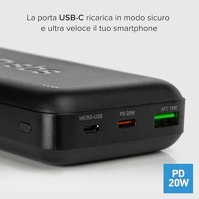 SBS PowerBank 10K Slim 10.000mAh – Caricatore Portatile Intelligente con USB-C, 2 USB-A, LED e Tecnologia Intelligent Charge | Design Compatto Nero